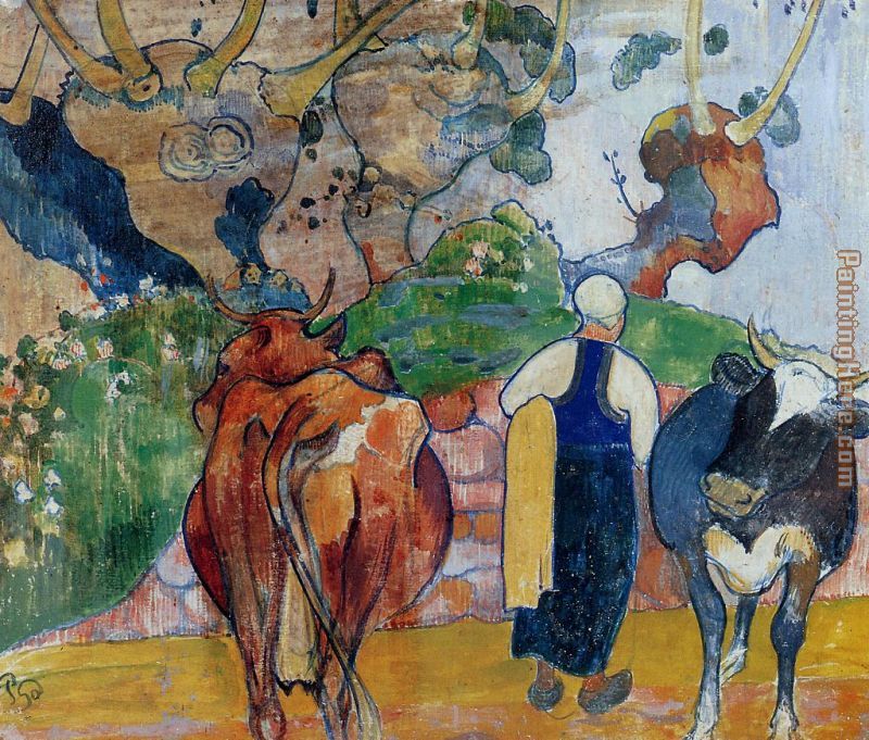 Peasant Woman and Cows in a Landscape painting - Paul Gauguin Peasant Woman and Cows in a Landscape art painting